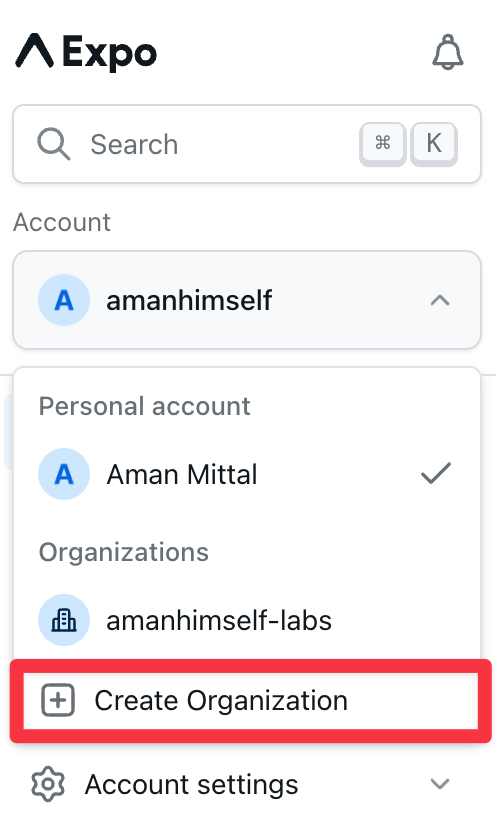 Open the dropdown menu on the dashboard to create a new organization.