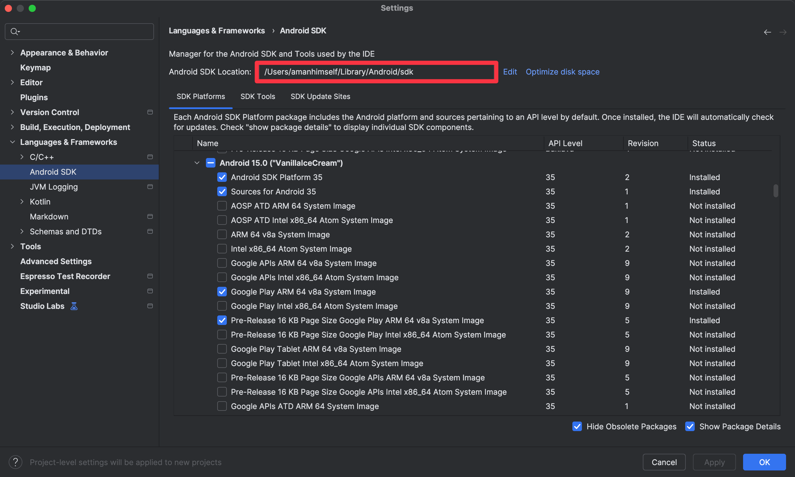 Android SDK location