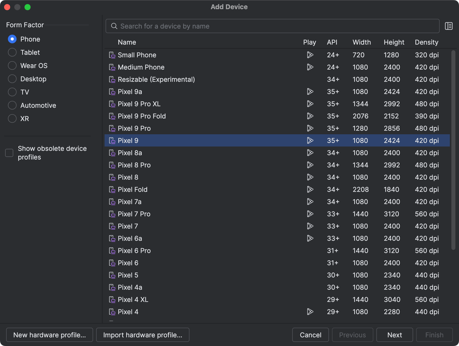 Android Studio 创建虚拟设备硬件选择。