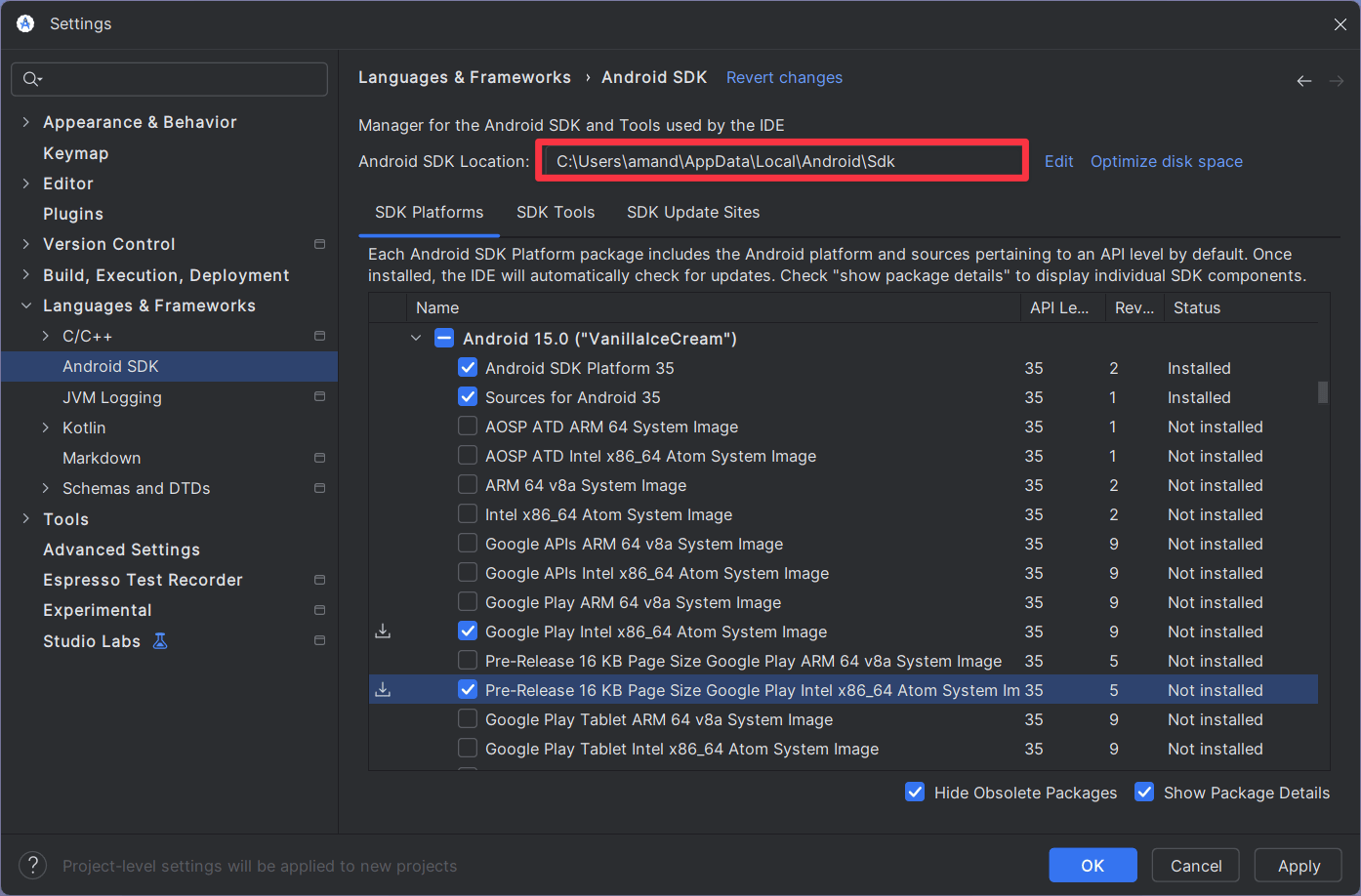 Android SDK location in Android Studio Settings.