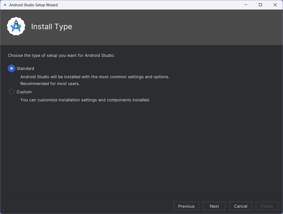Android Studio Setup Wizard asks for the type of installation.