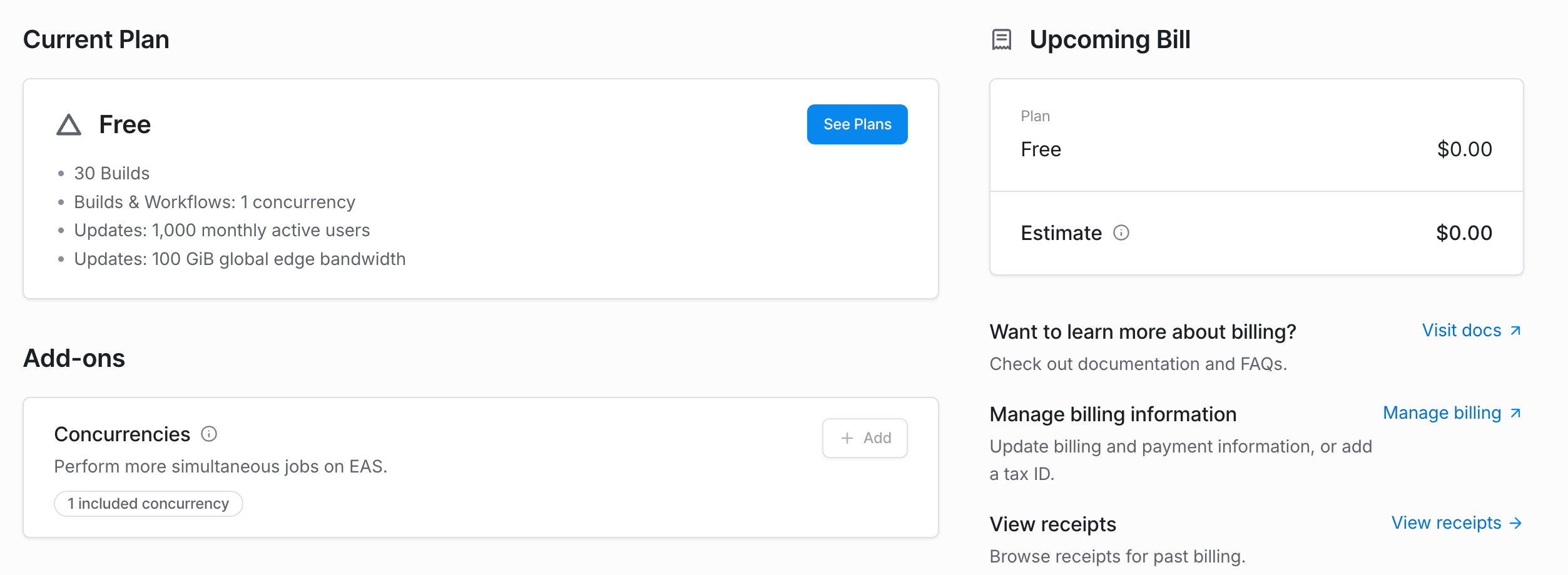 Billing page in EAS dashboard displays the current plan for an Organization account.