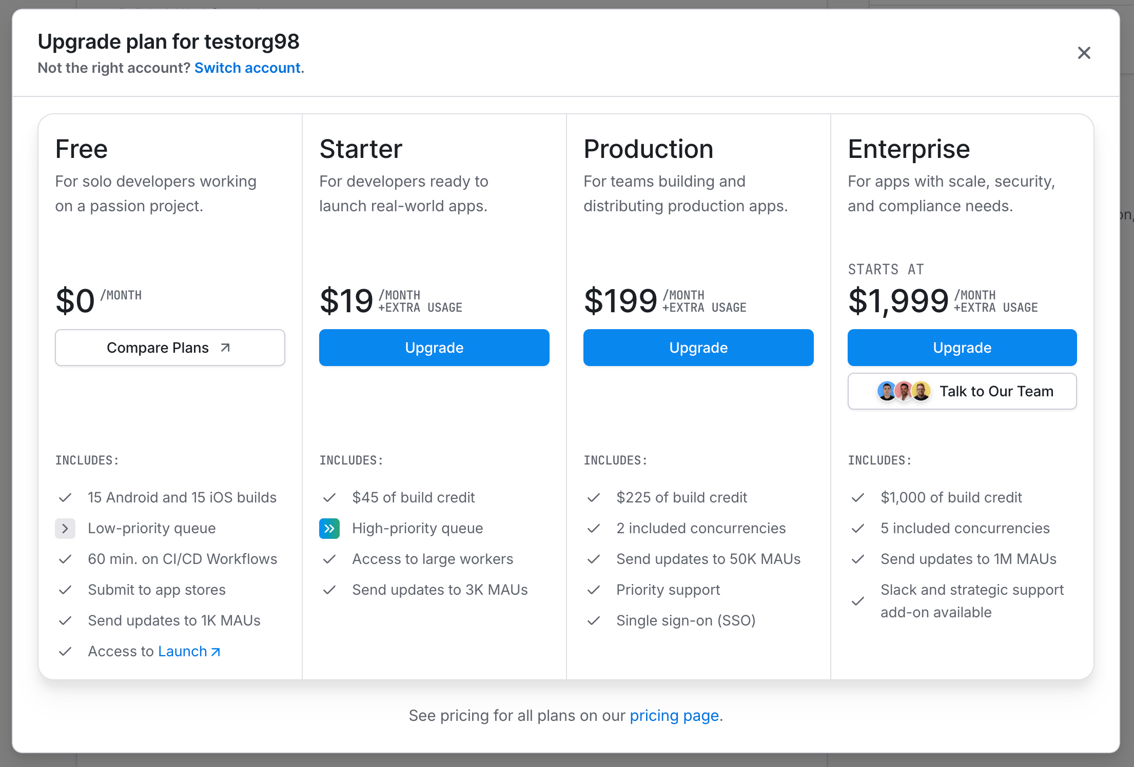 Billing page in EAS dashboard displays the list of available plans to upgrade.