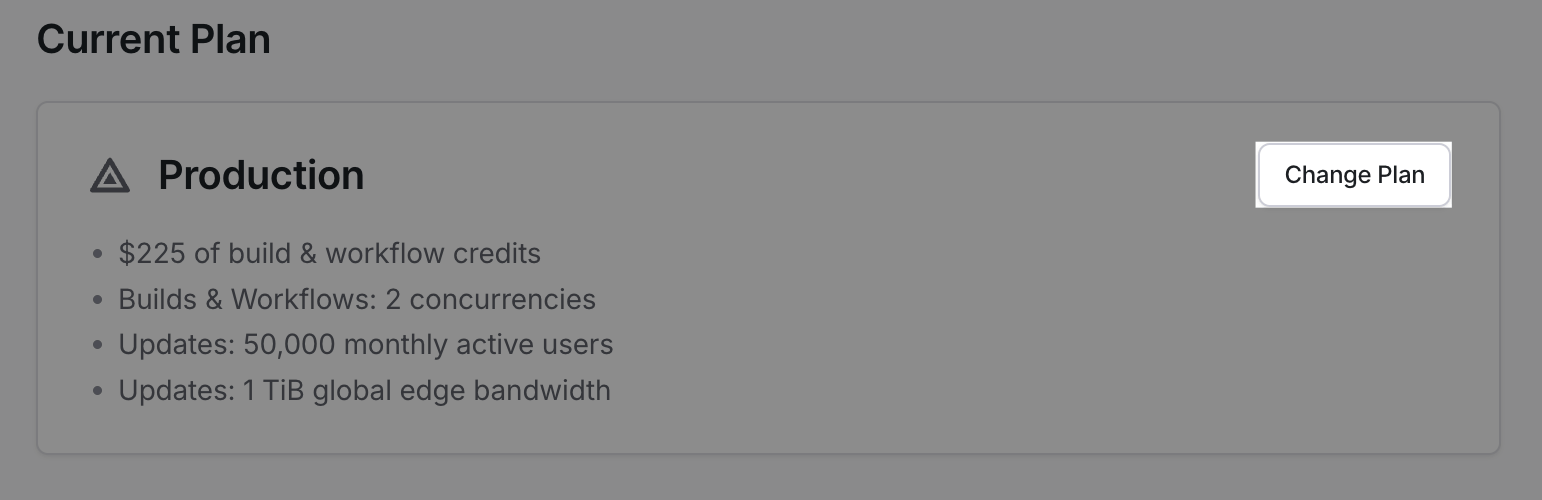 Billing page in EAS dashboard displays the Change Plan button to downgrade a plan.