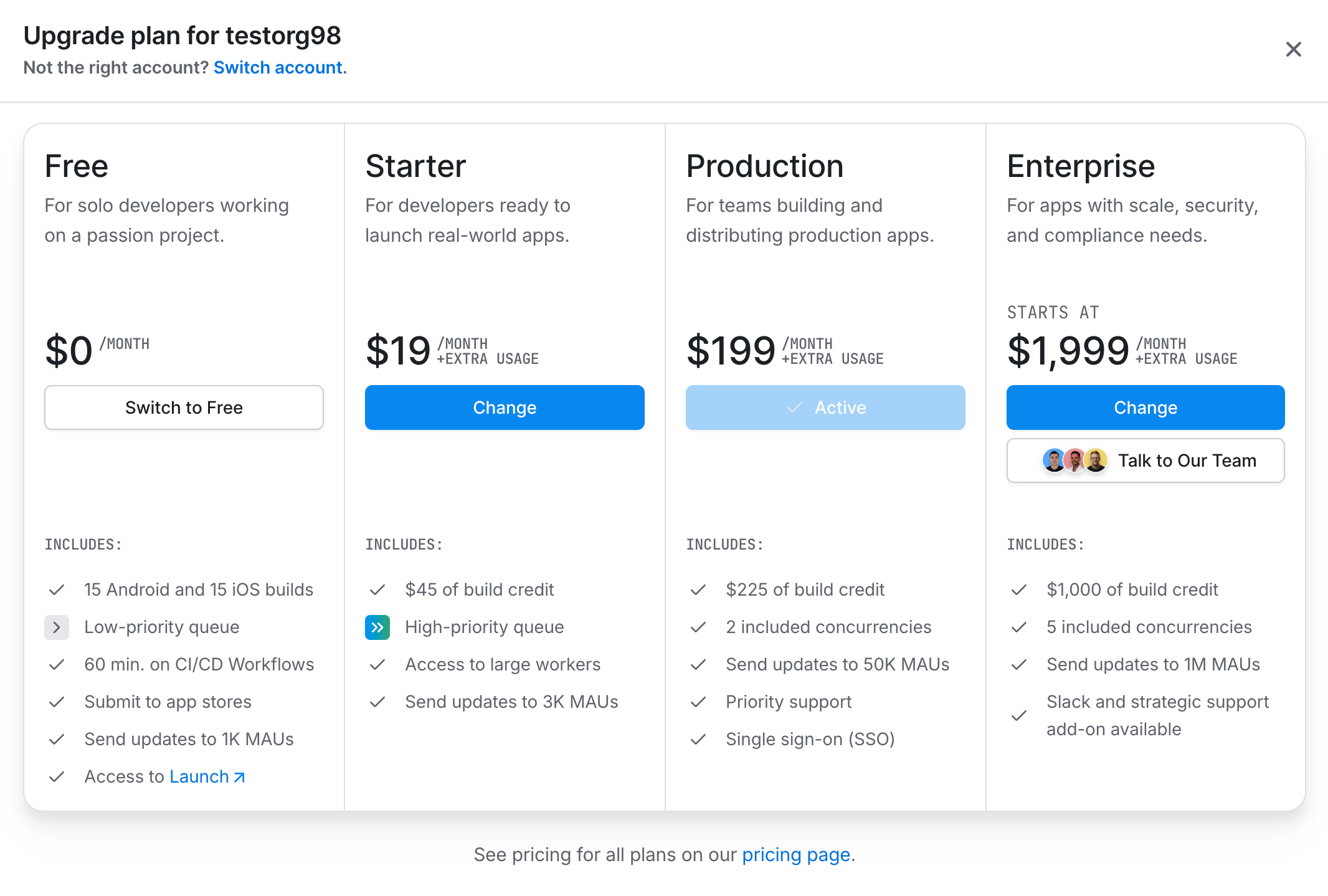 Billing page in EAS dashboard displays the Change Plan button to downgrade a plan.