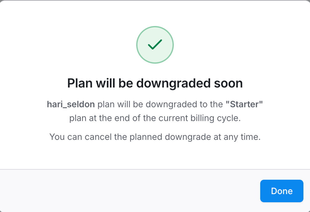 Billing page in EAS dashboard displays the confirmation dialog to downgrade a plan.