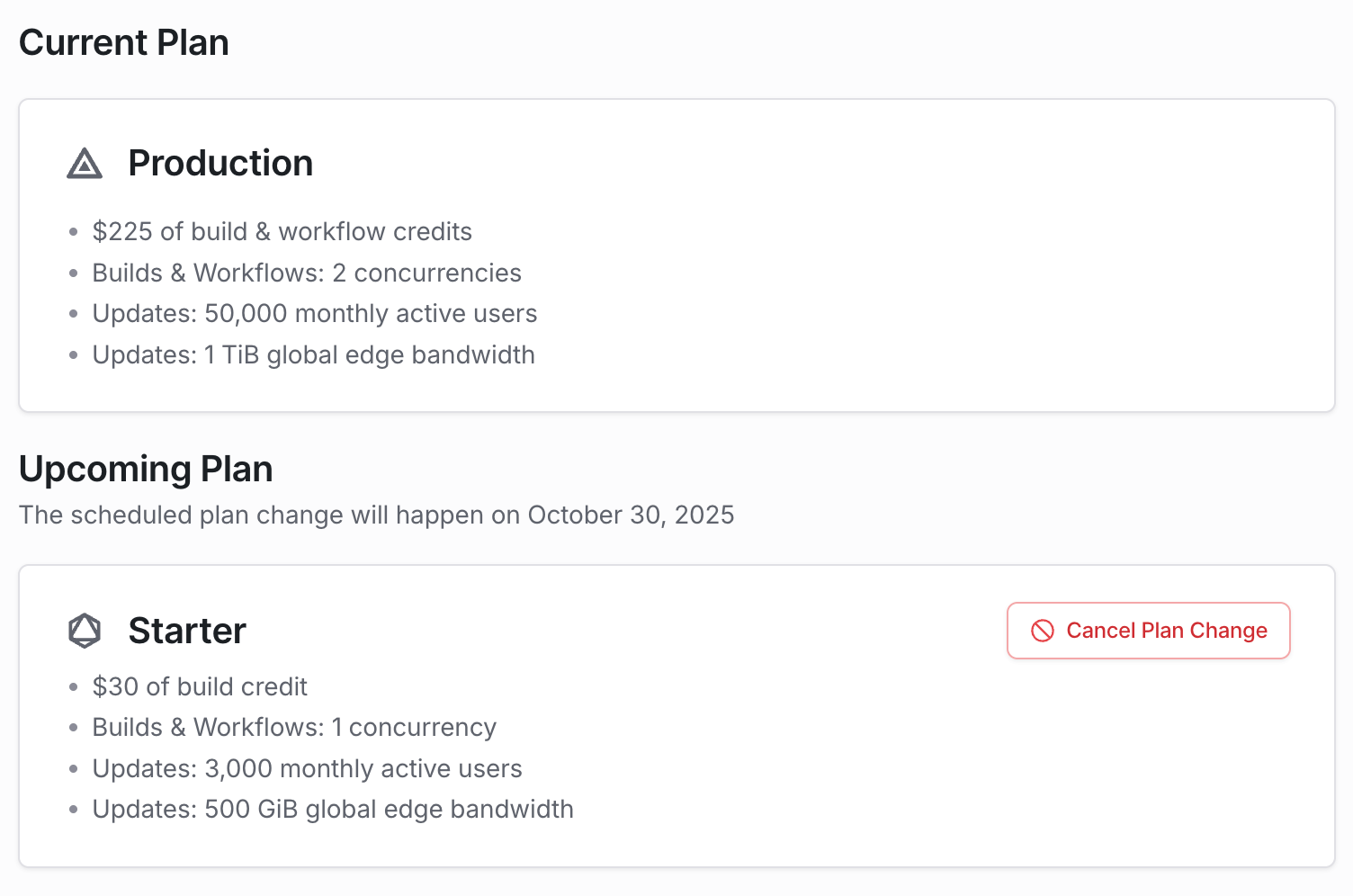 Billing page in EAS dashboard displays the review page for the selected plan to downgrade.