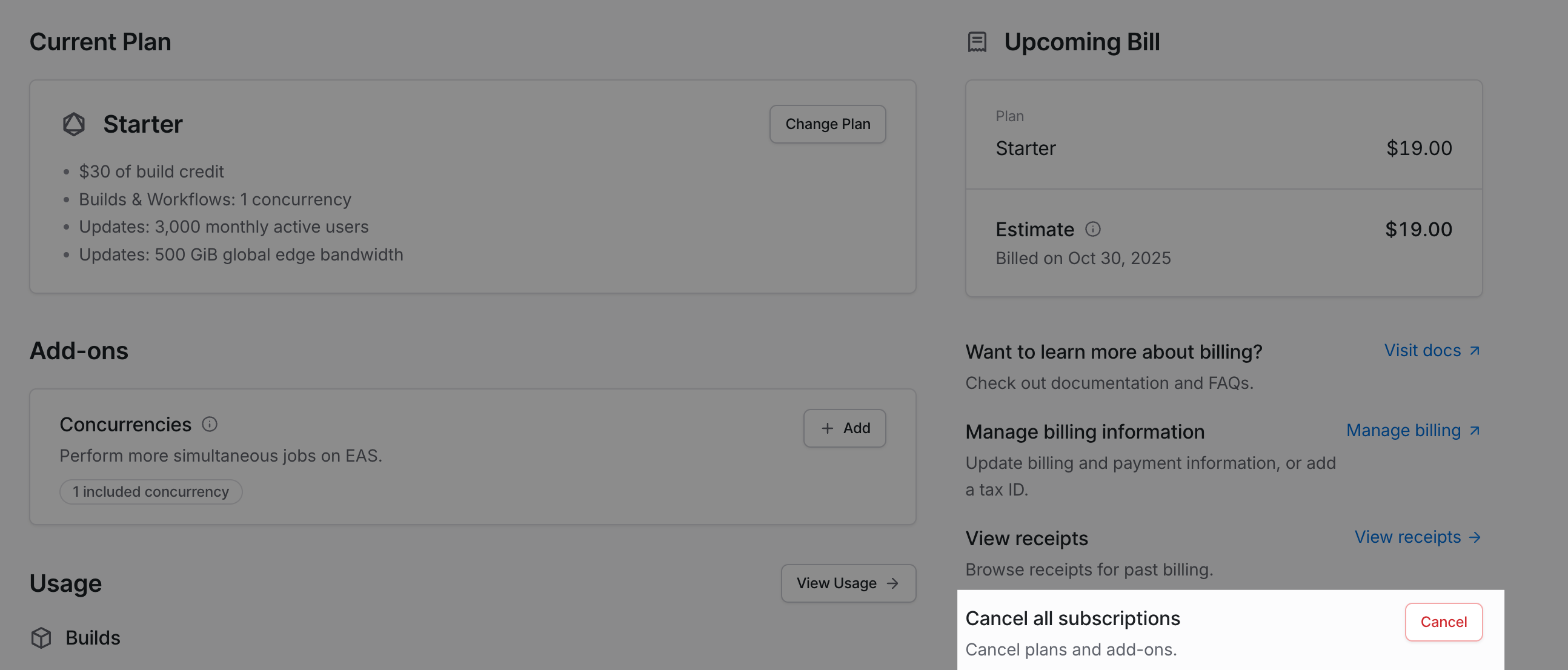 Billing page in EAS dashboard displays the Cancel Plan button to cancel a plan.