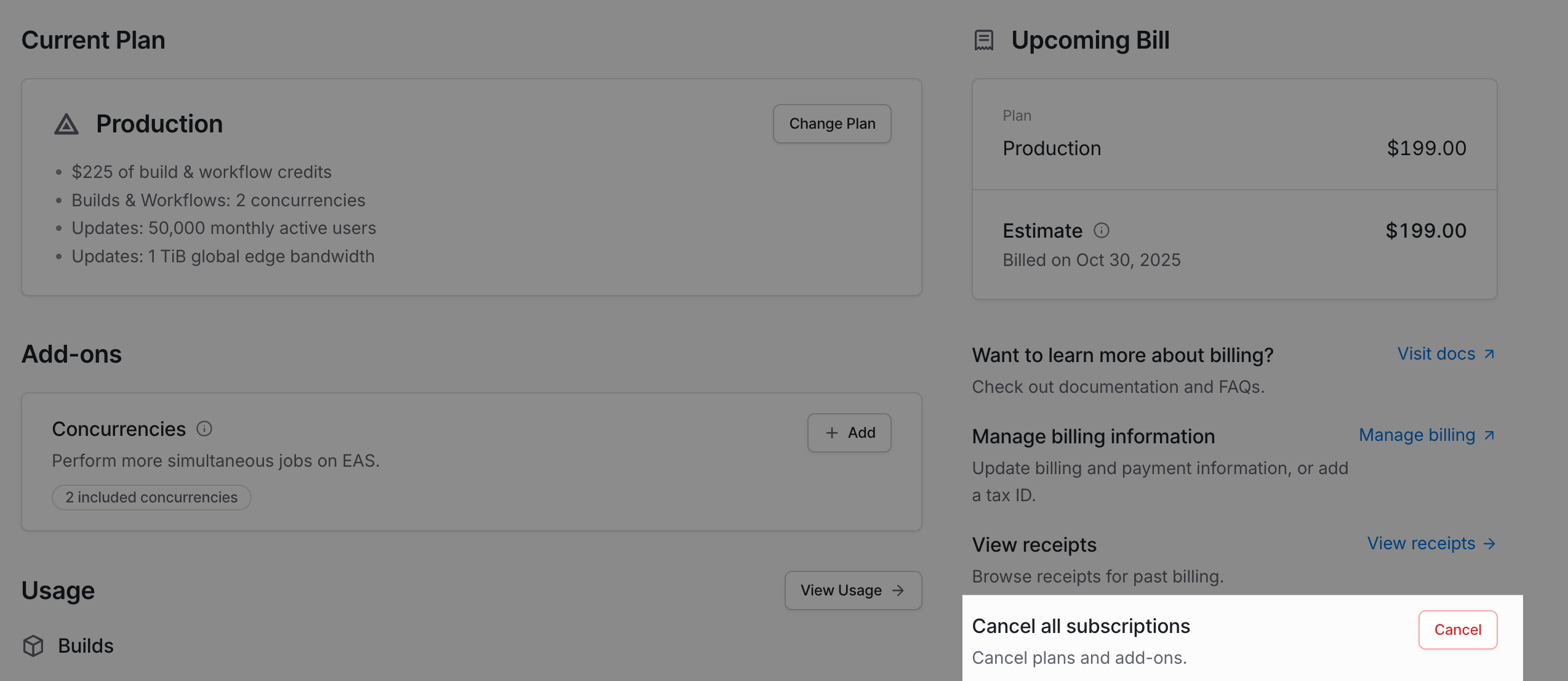 Billing page in EAS dashboard displays the Cancel Plan button to cancel a plan.
