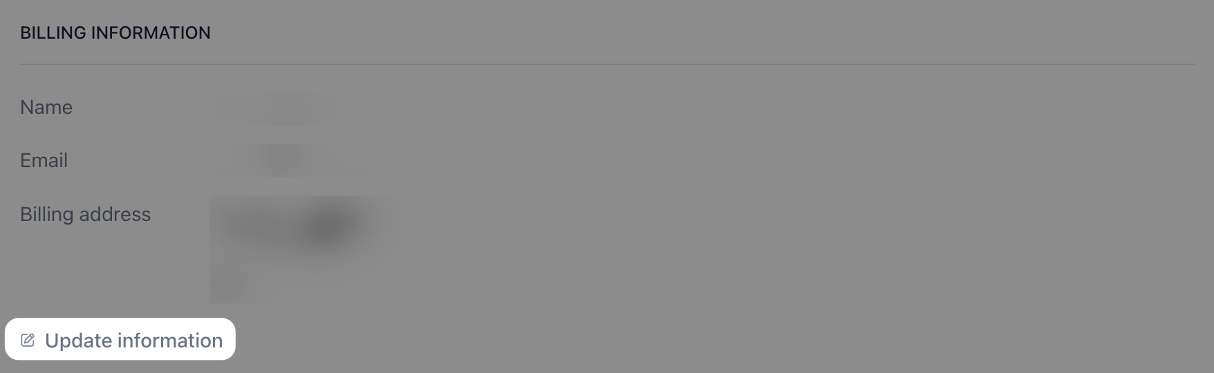 Billing page in EAS dashboard displays the Update billing information button to update billing details.