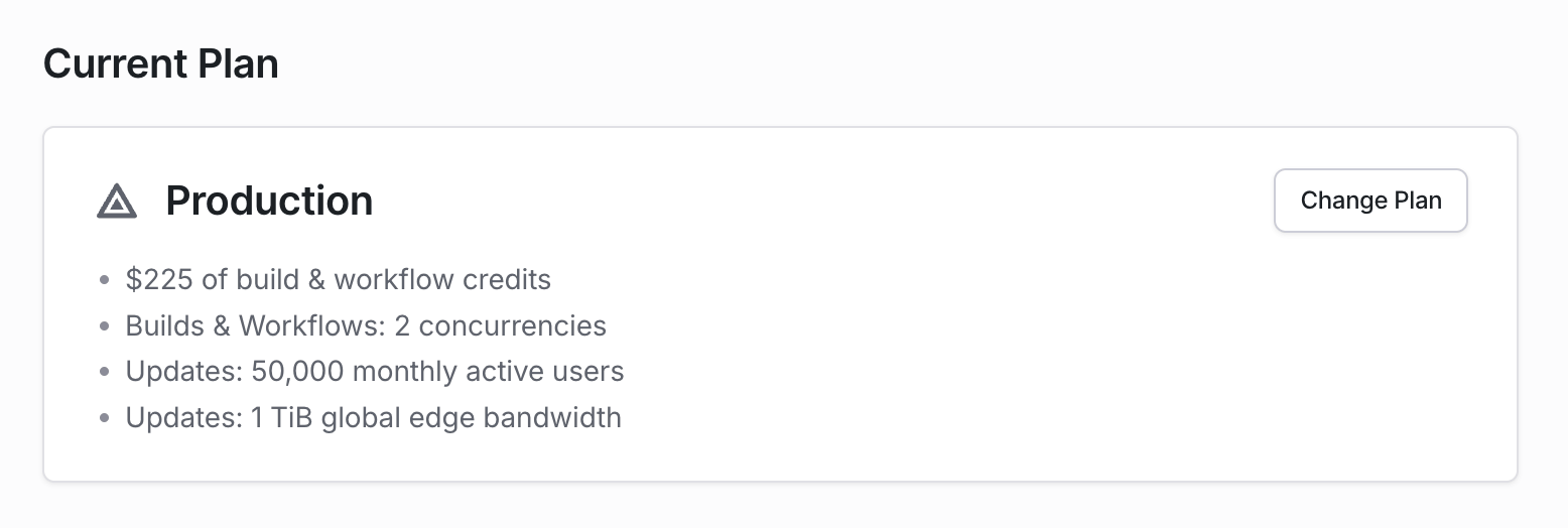 Billing page in EAS dashboard displays the current plan for an Organization account.