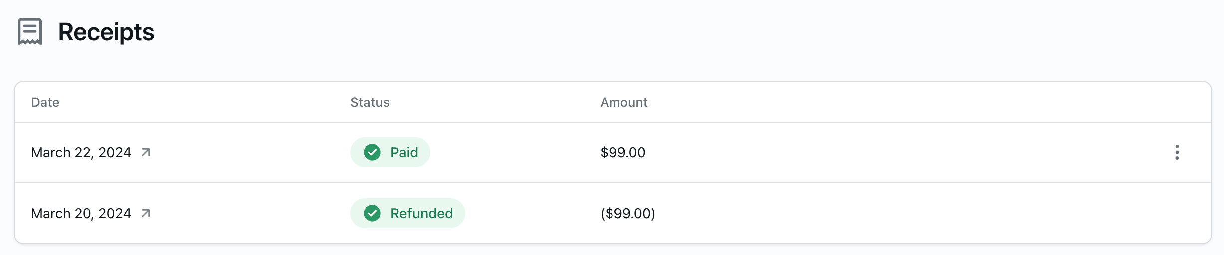 Receipts page in the EAS dashboard.