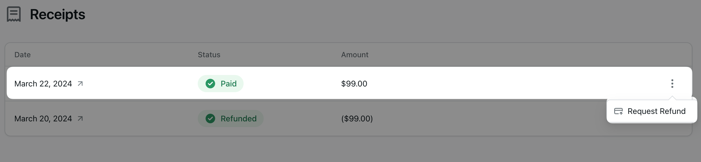 Receipts page in the EAS dashboard.