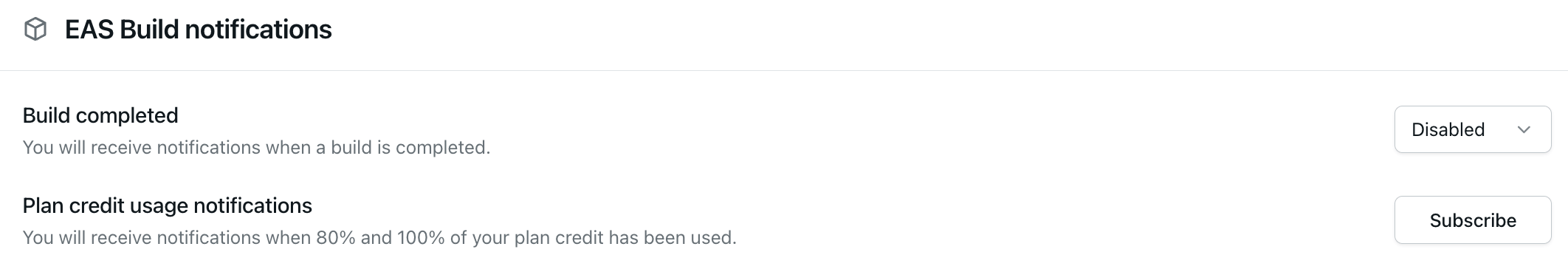 Enabling EAS Build plan credit usage notifications in the EAS dashboard.