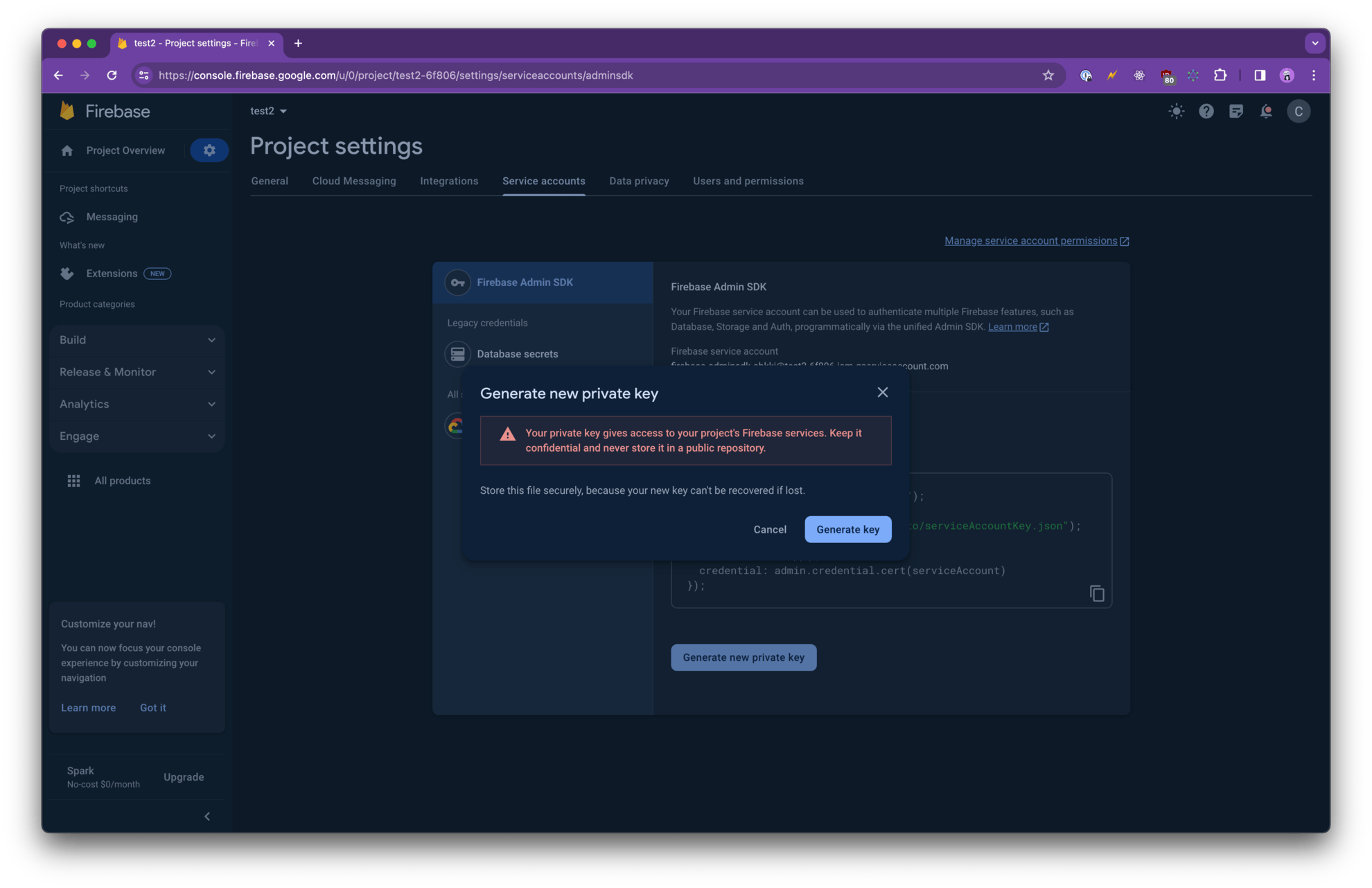 在 Firebase 控制台中生成新的私钥
