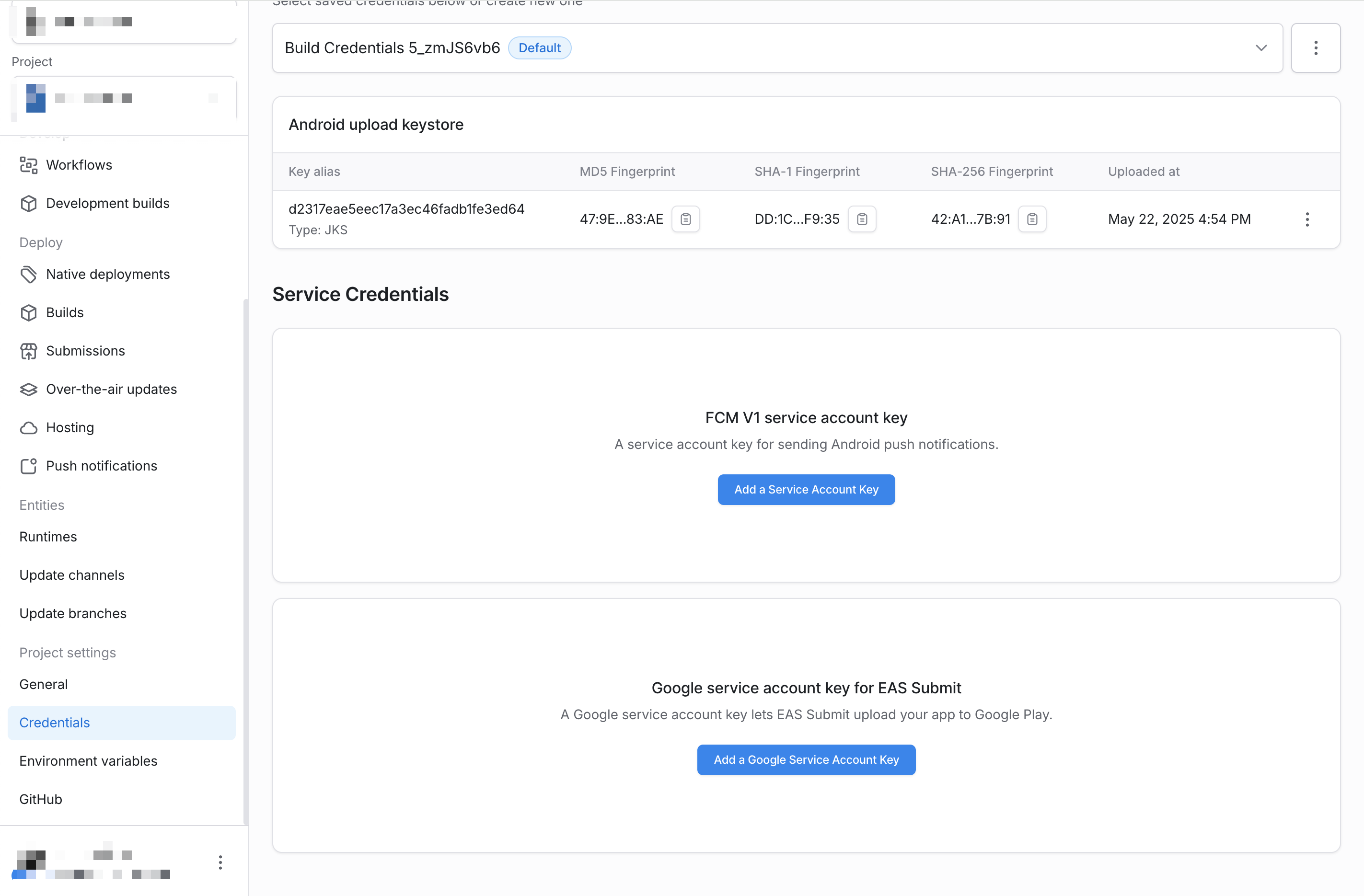 expo.dev 上的项目凭据页面