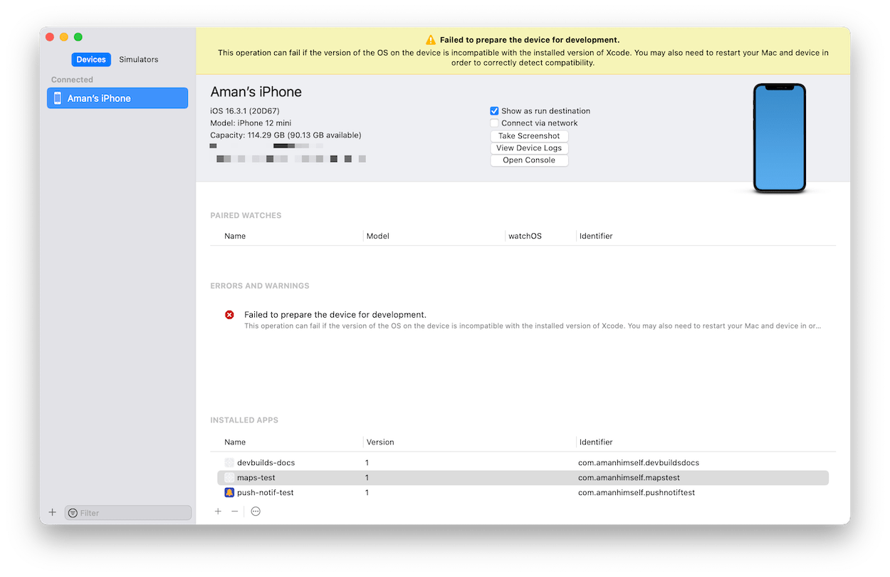 Xcode 中的设备和模拟器窗口。