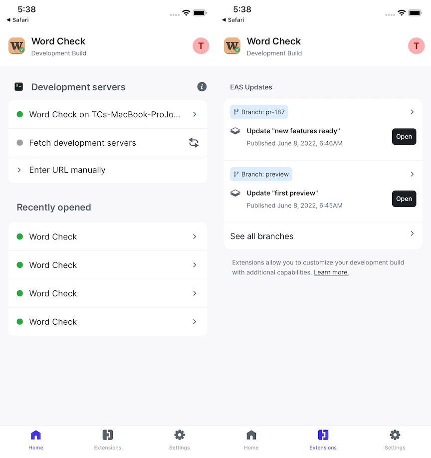 The launcher screen of a development build