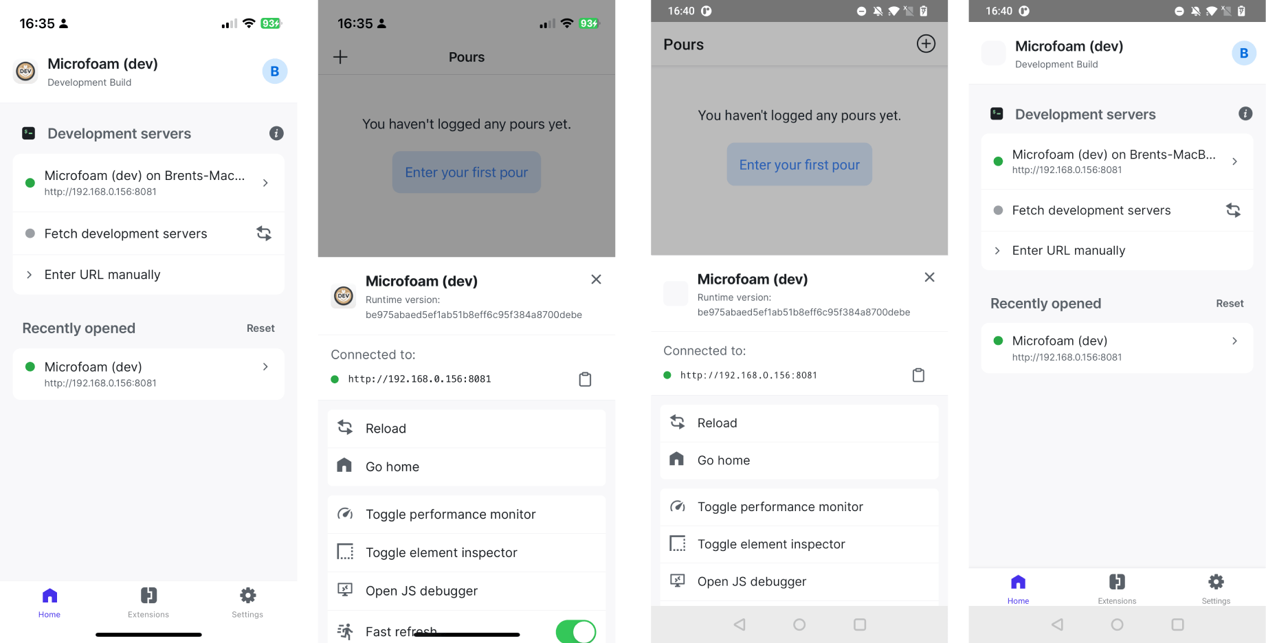 expo-dev-client launcher and menu UIs on Android and iOS.