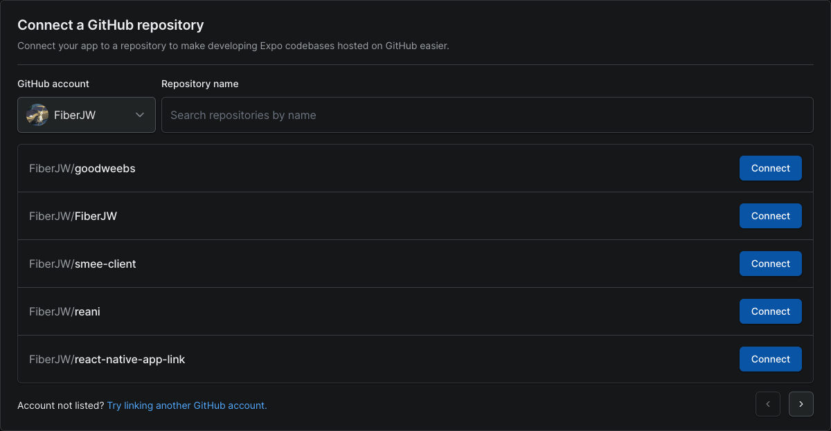The repository selector on the Expo project GitHub settings page