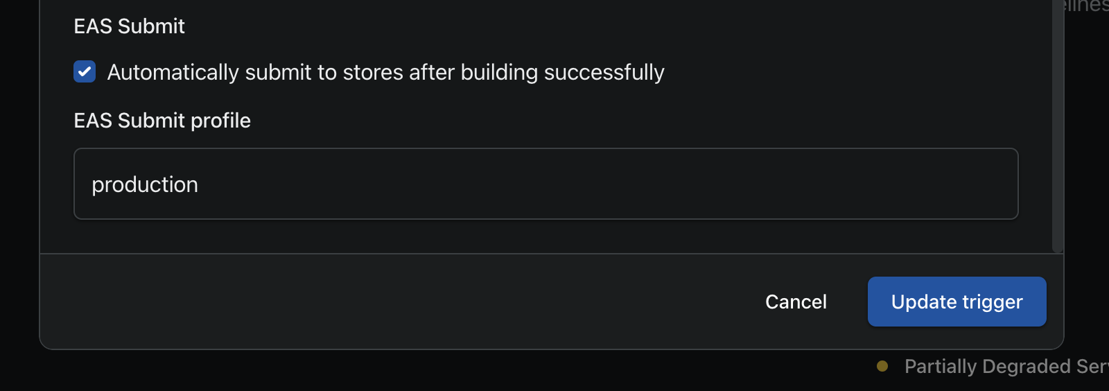 The EAS Submit form fields on the trigger edit form
