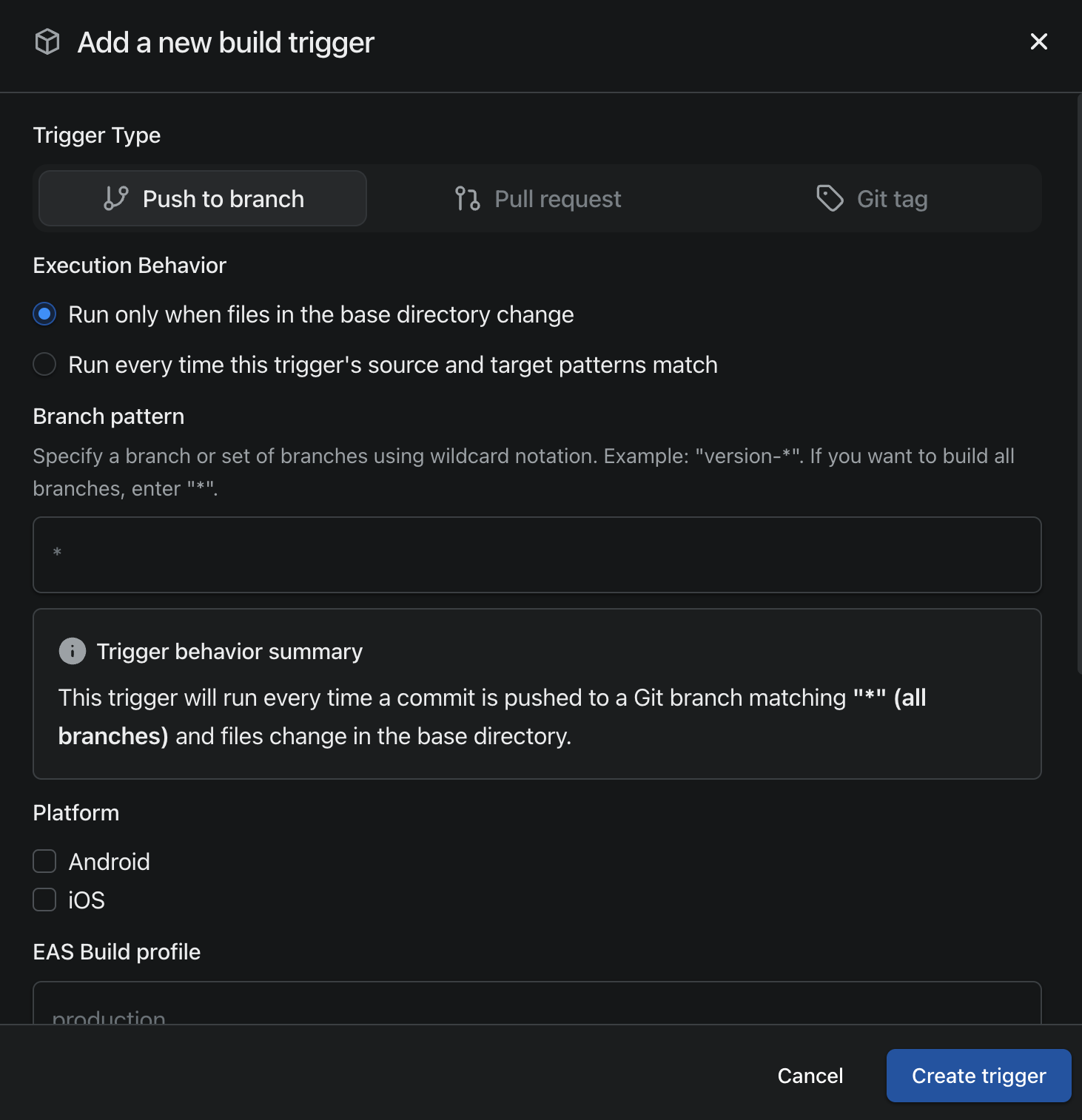 The default state of the new build trigger form