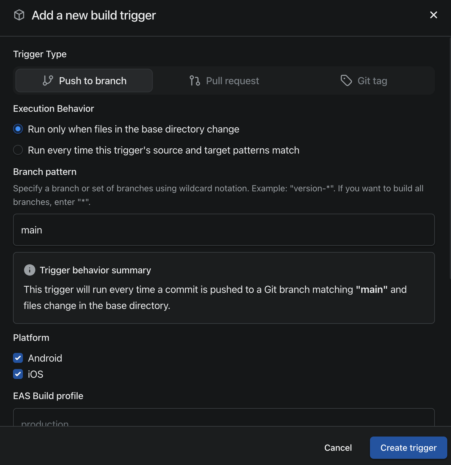 A filled-out version of the new build trigger form