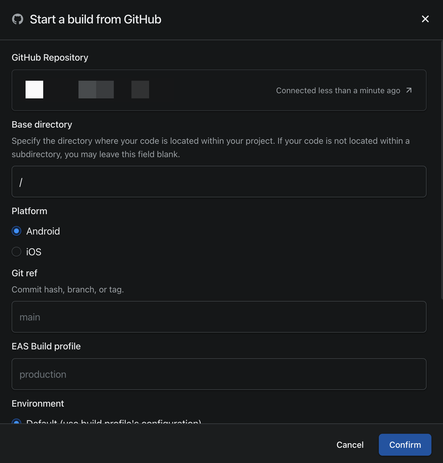 The build from GitHub UI on the Expo project builds list page