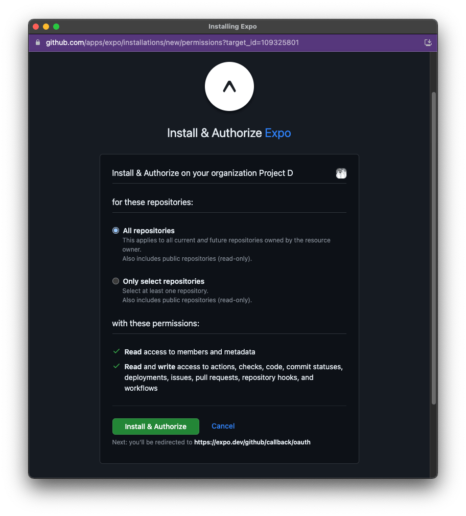 The GitHub app installation UI