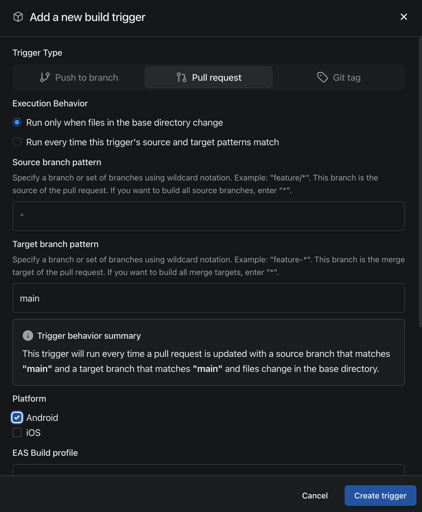 The build trigger form for pull request