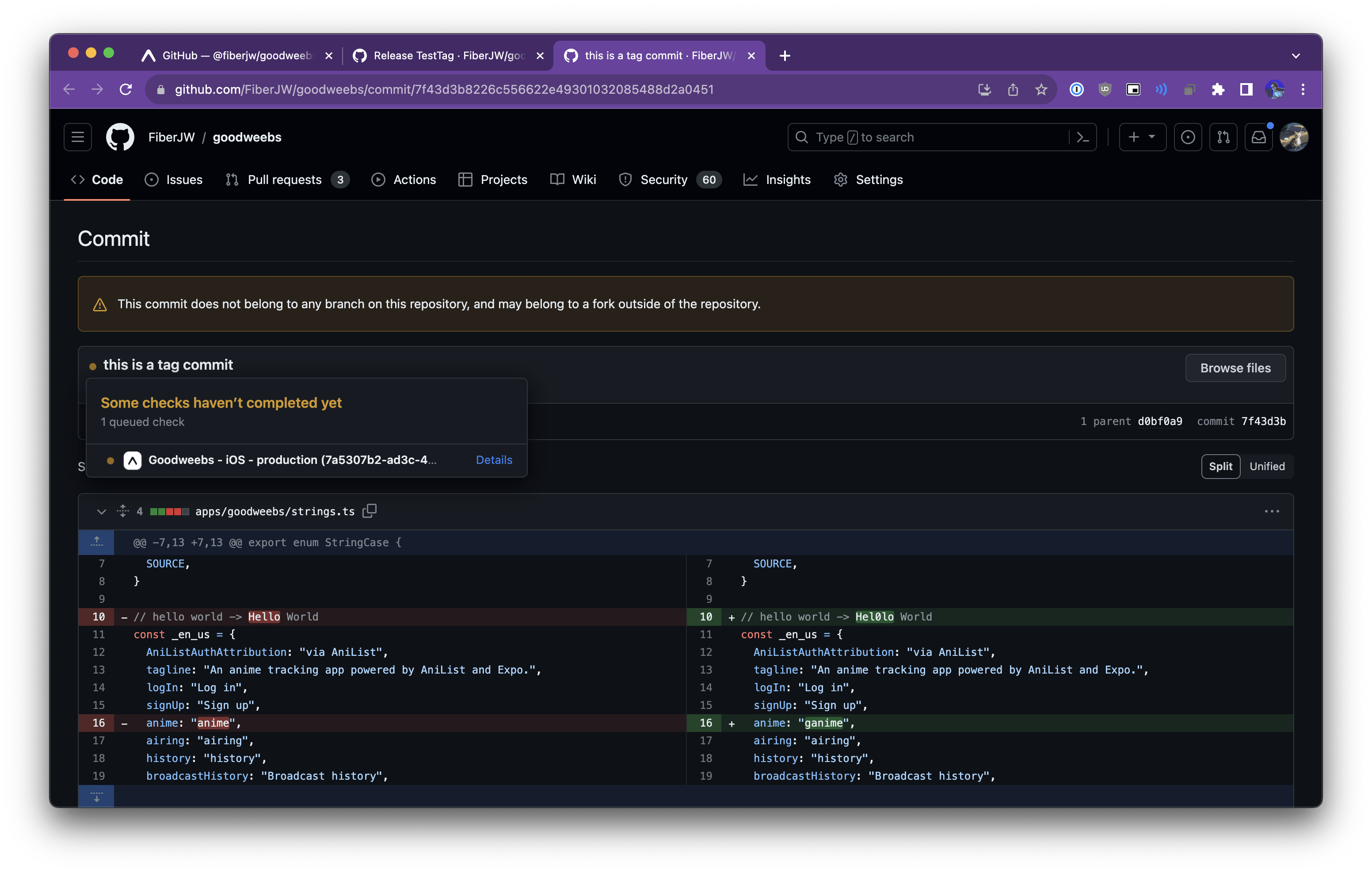 The GitHub checks section on a tag commit