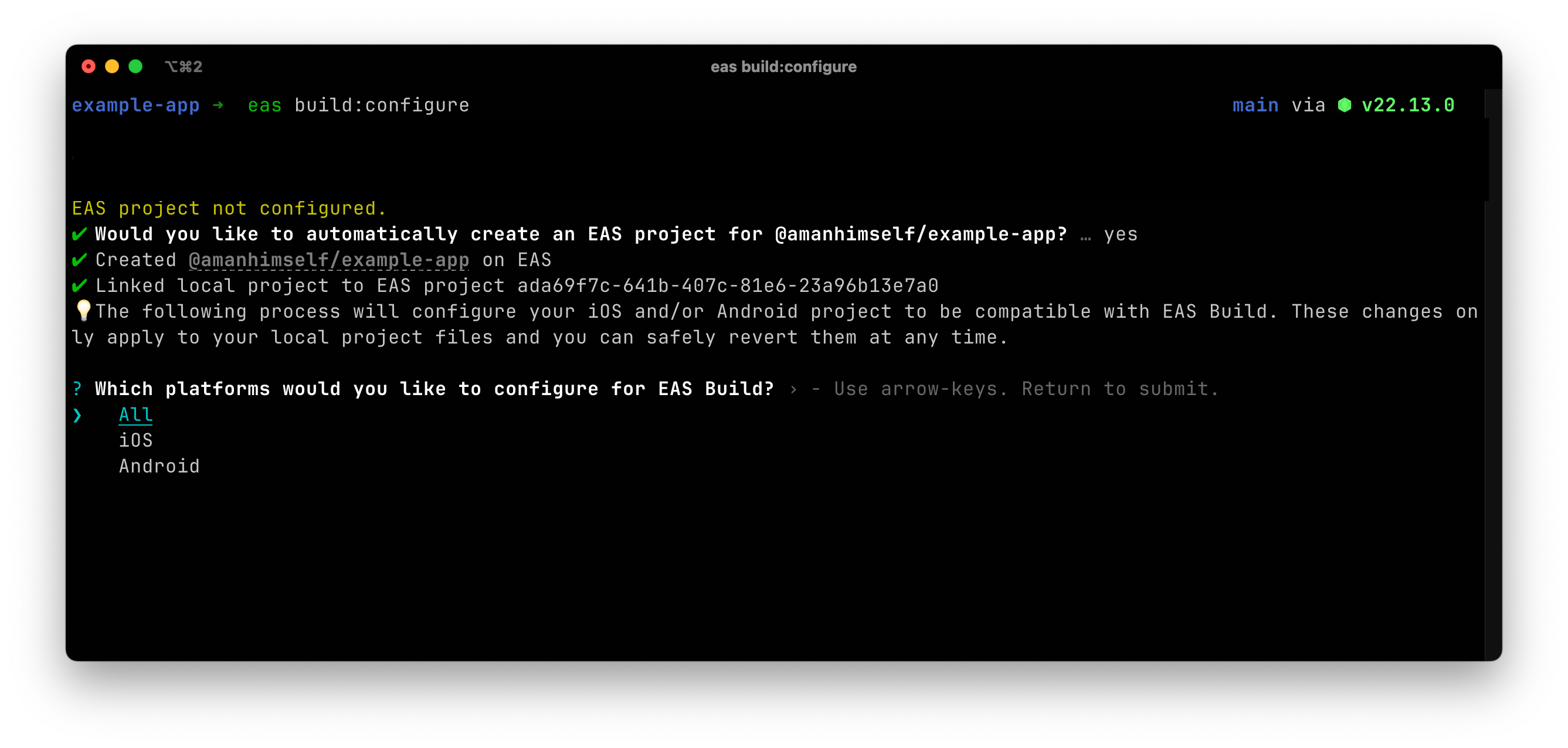 Terminal running eas build command with platform Android and iOS options available