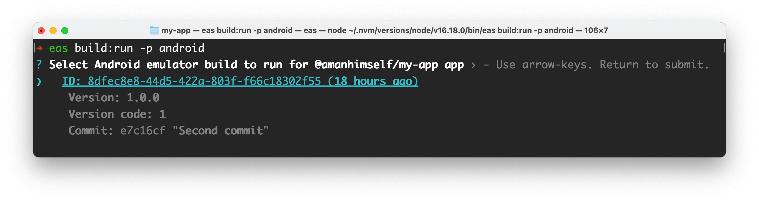 Running eas build:run command shows a list of available builds in a project.