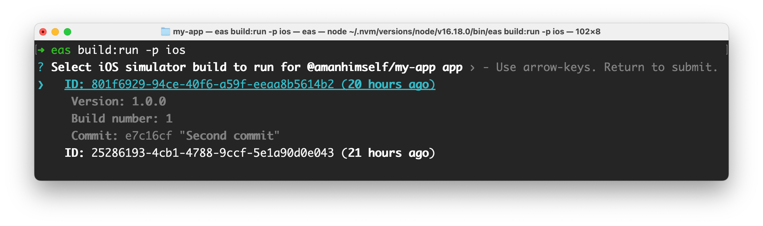 Running eas build:run command shows a list of available builds in a project.