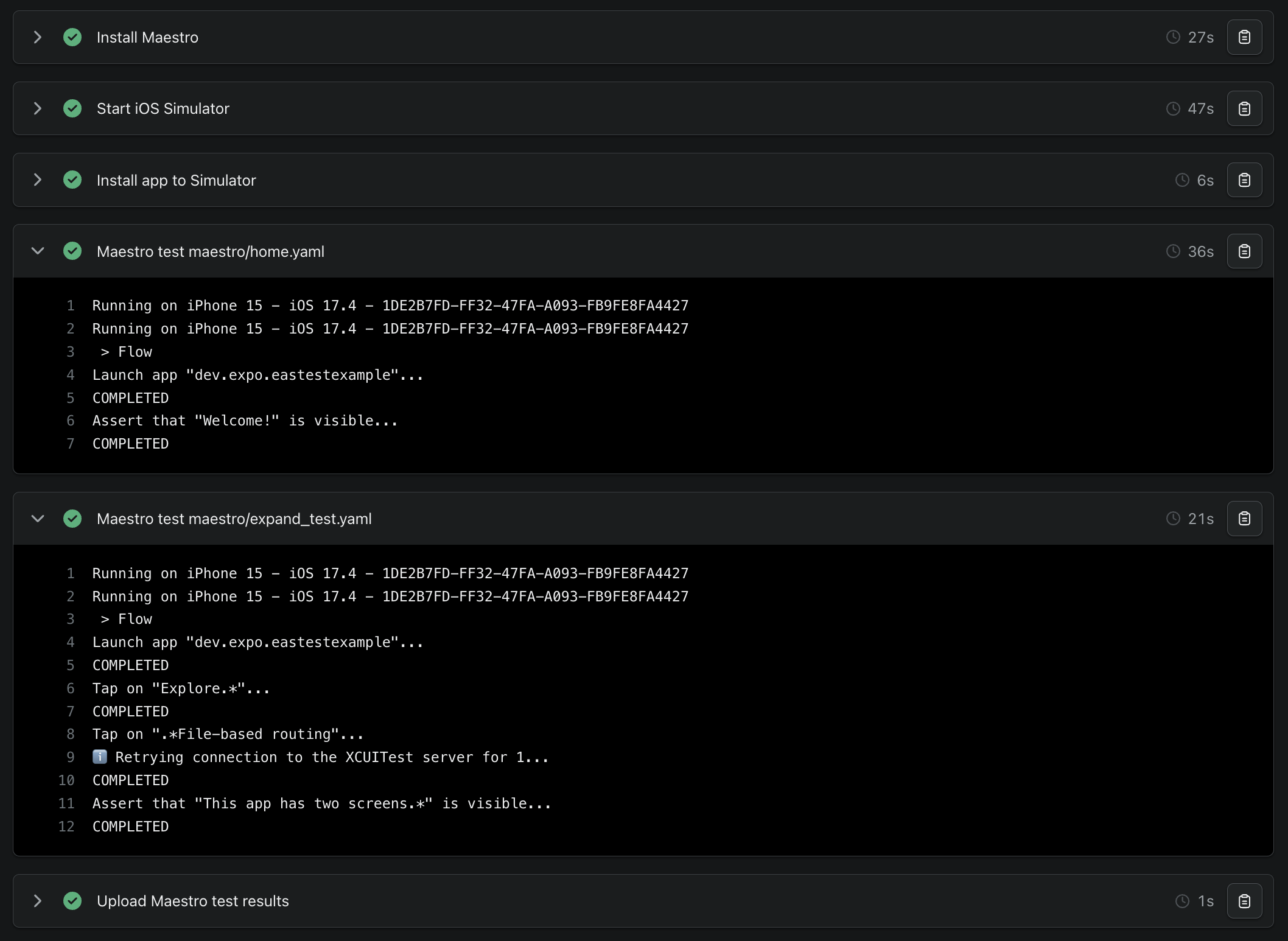 Logs of successful Maestro tests