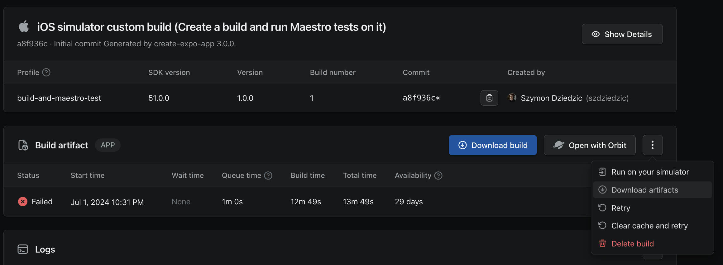Failed Maestro tests artifacts