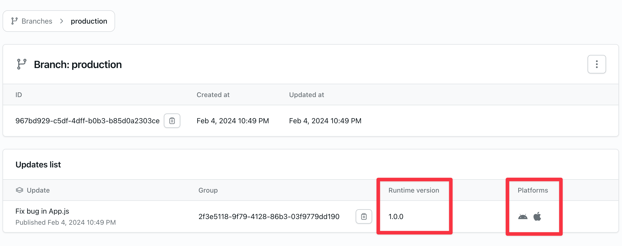 List of updates on the Branch Detail page
