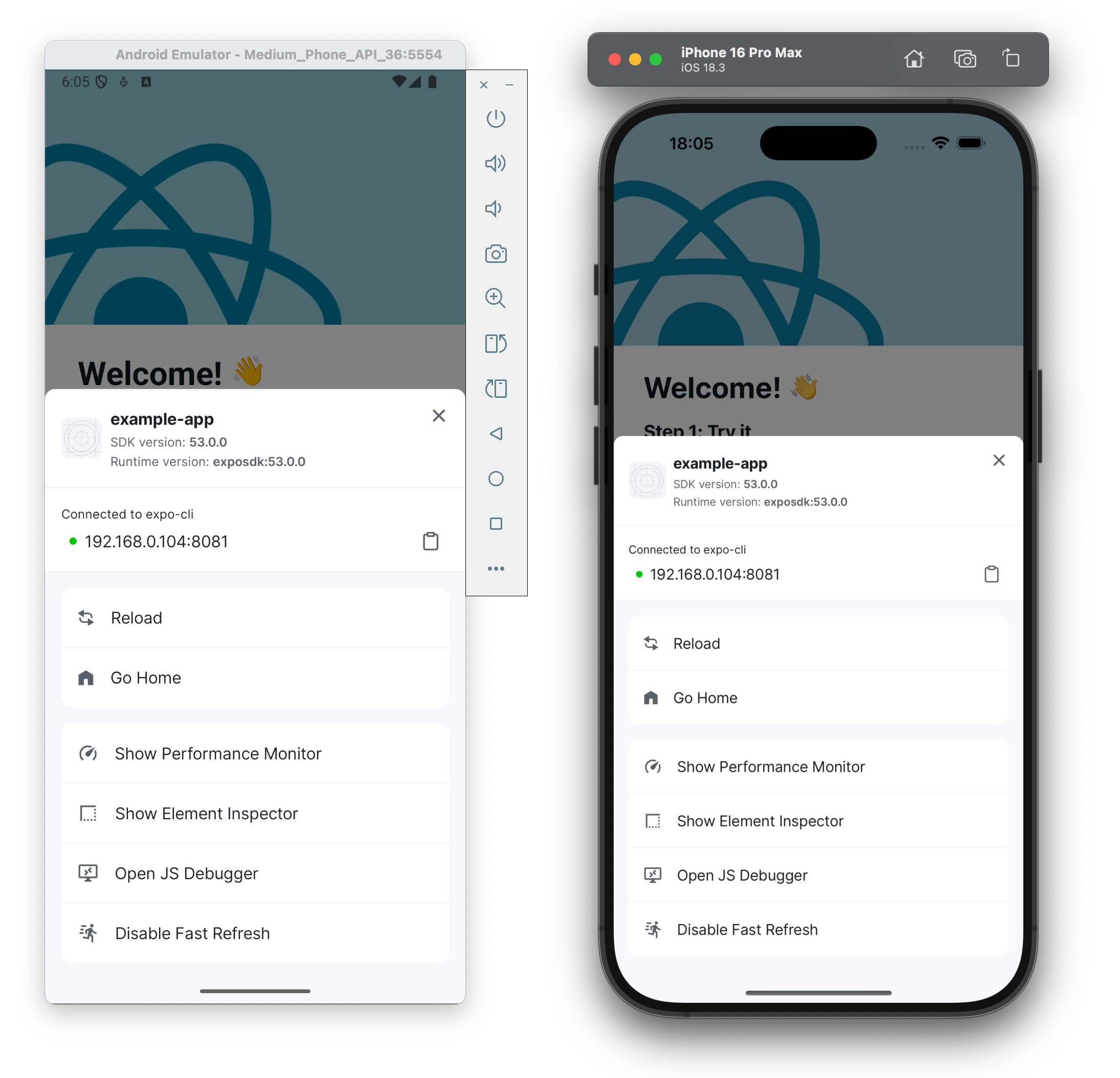 Developer menu in Expo Go app.