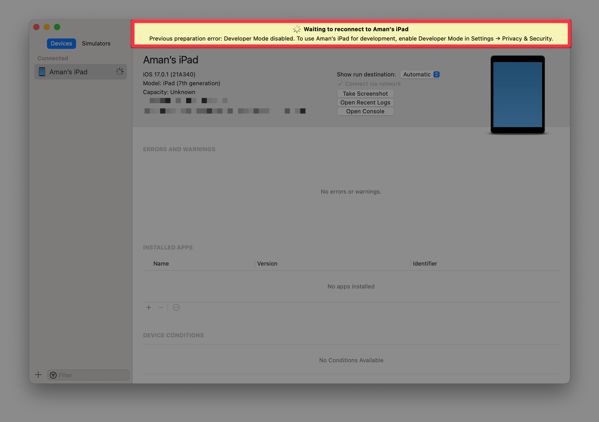 Xcode Devices and Simulators window with Developer Mode warning