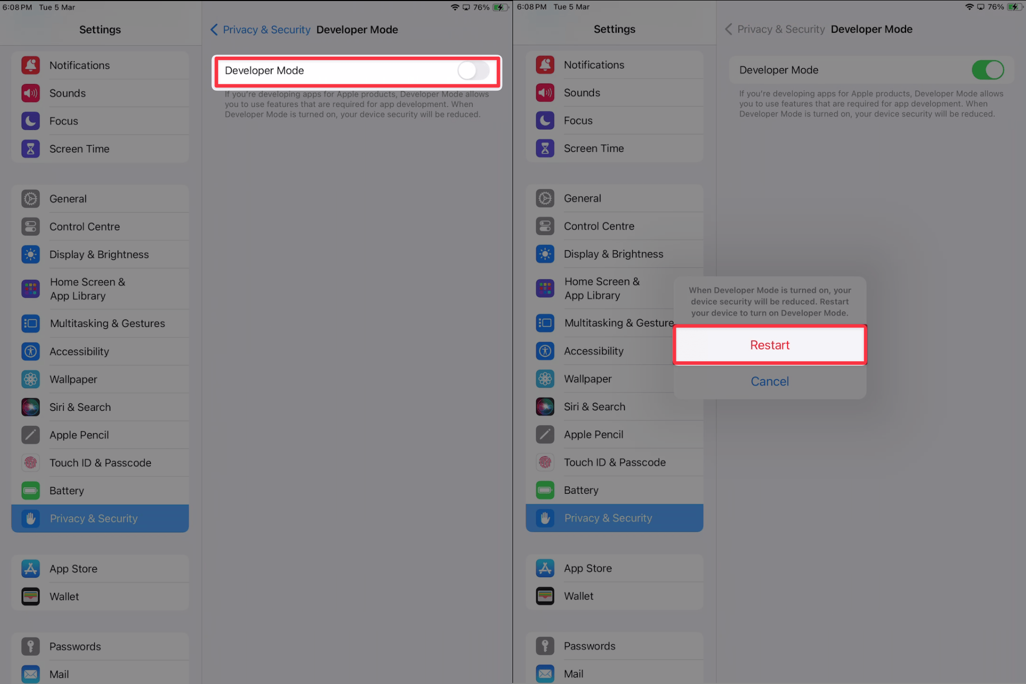 Developer Mode restart prompt