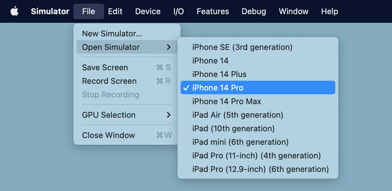 从 macOS 工具栏手动打开模拟器。