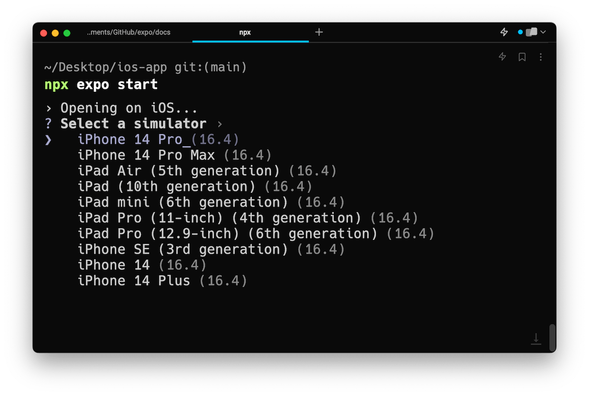 Expo CLI UI 中的 iOS 模拟器列表。