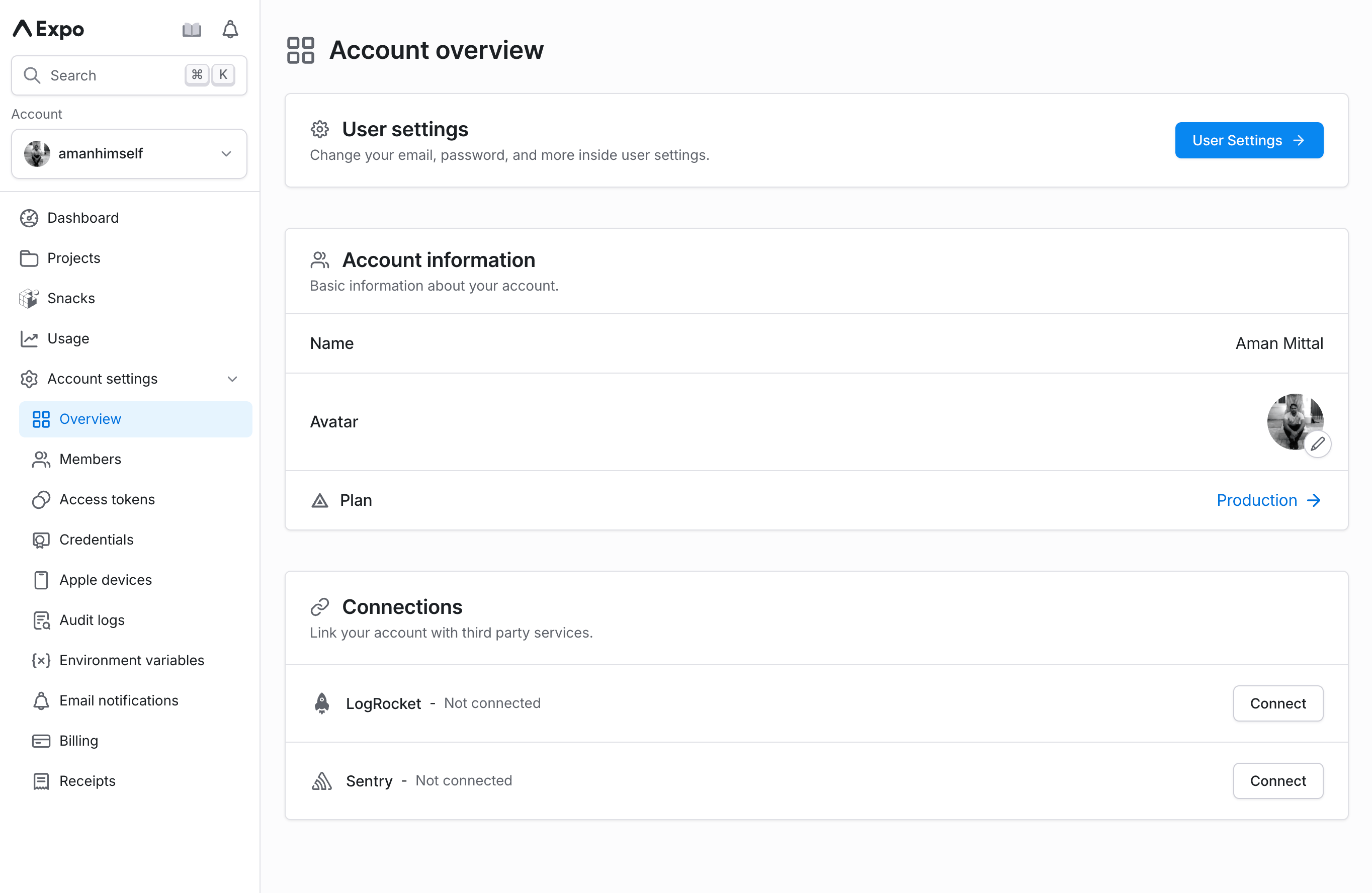 Connect LogRocket account to Expo account.