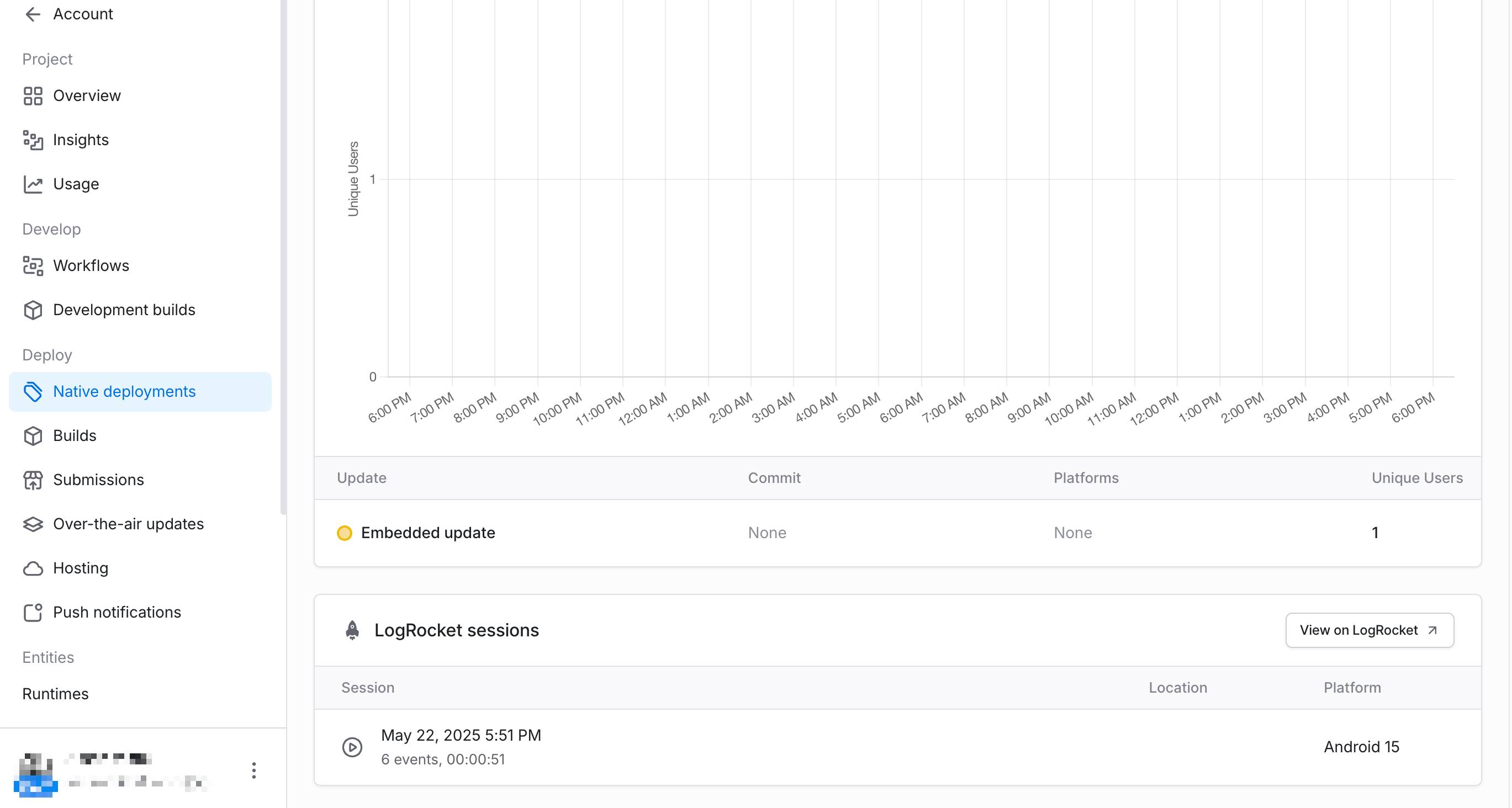 View on LogRocket button and sessions in the deployment dashboard.