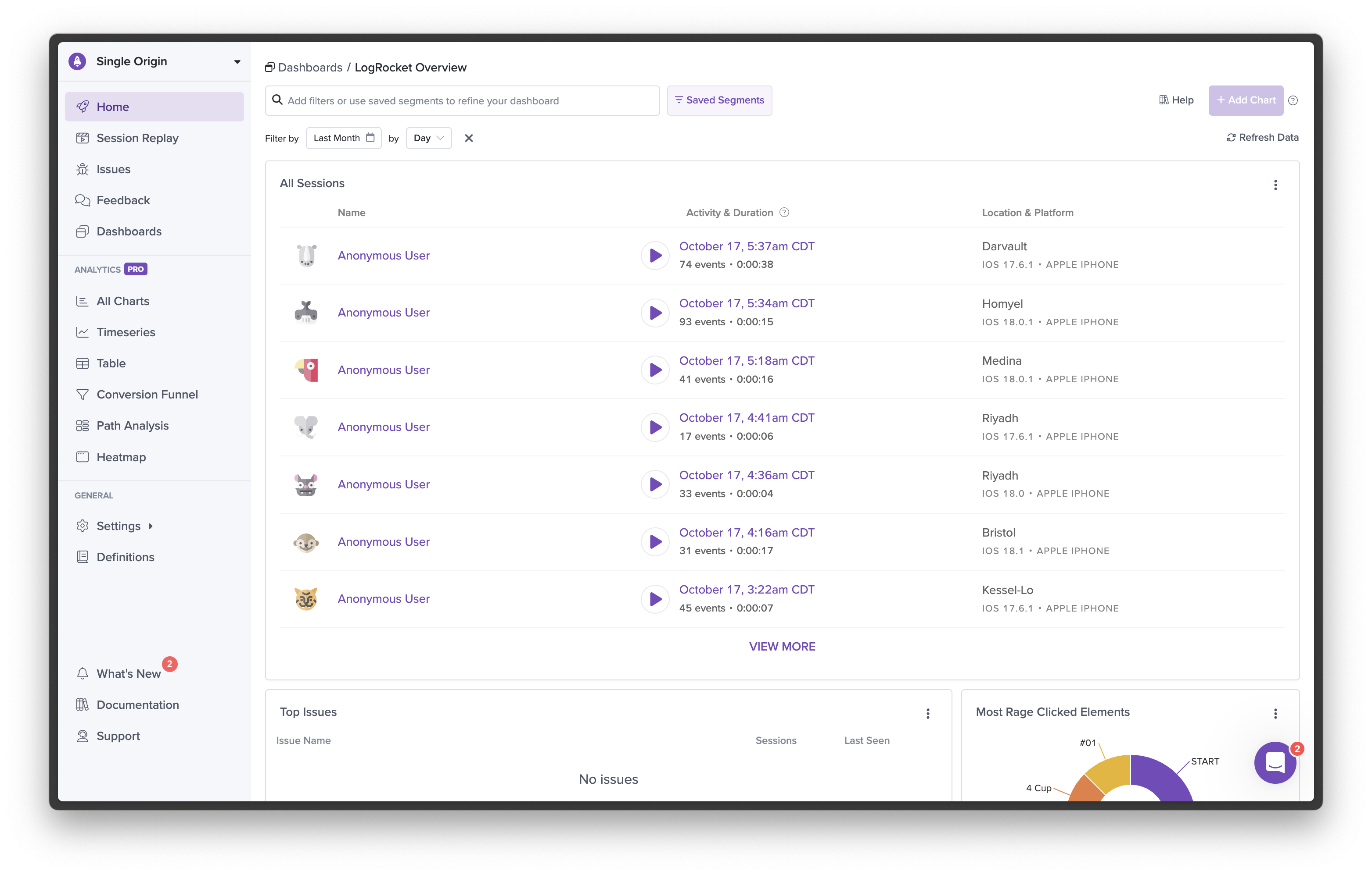 LogRocket 仪表板上的用户会话。