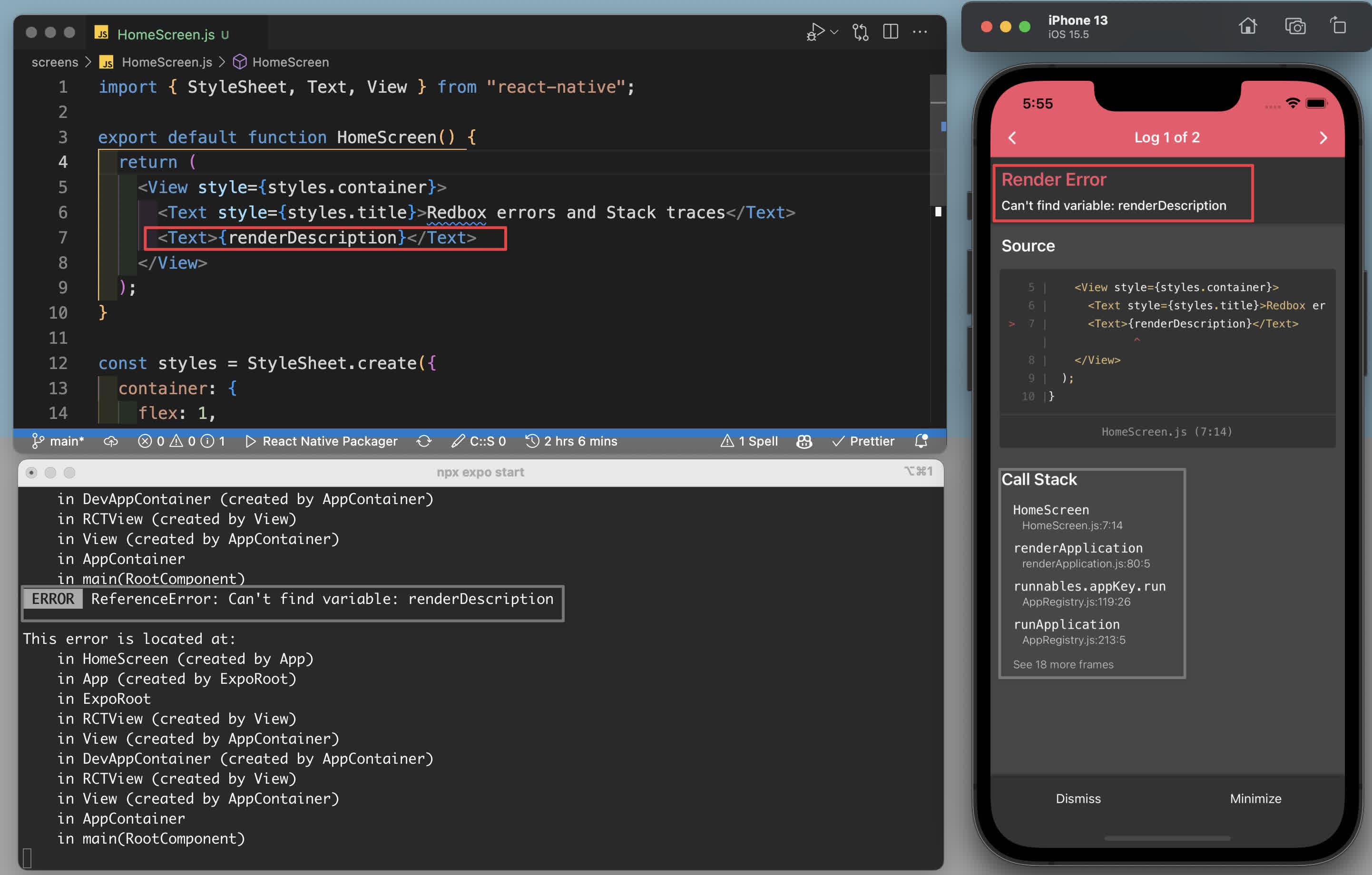 React Native 应用中堆栈跟踪的示例。