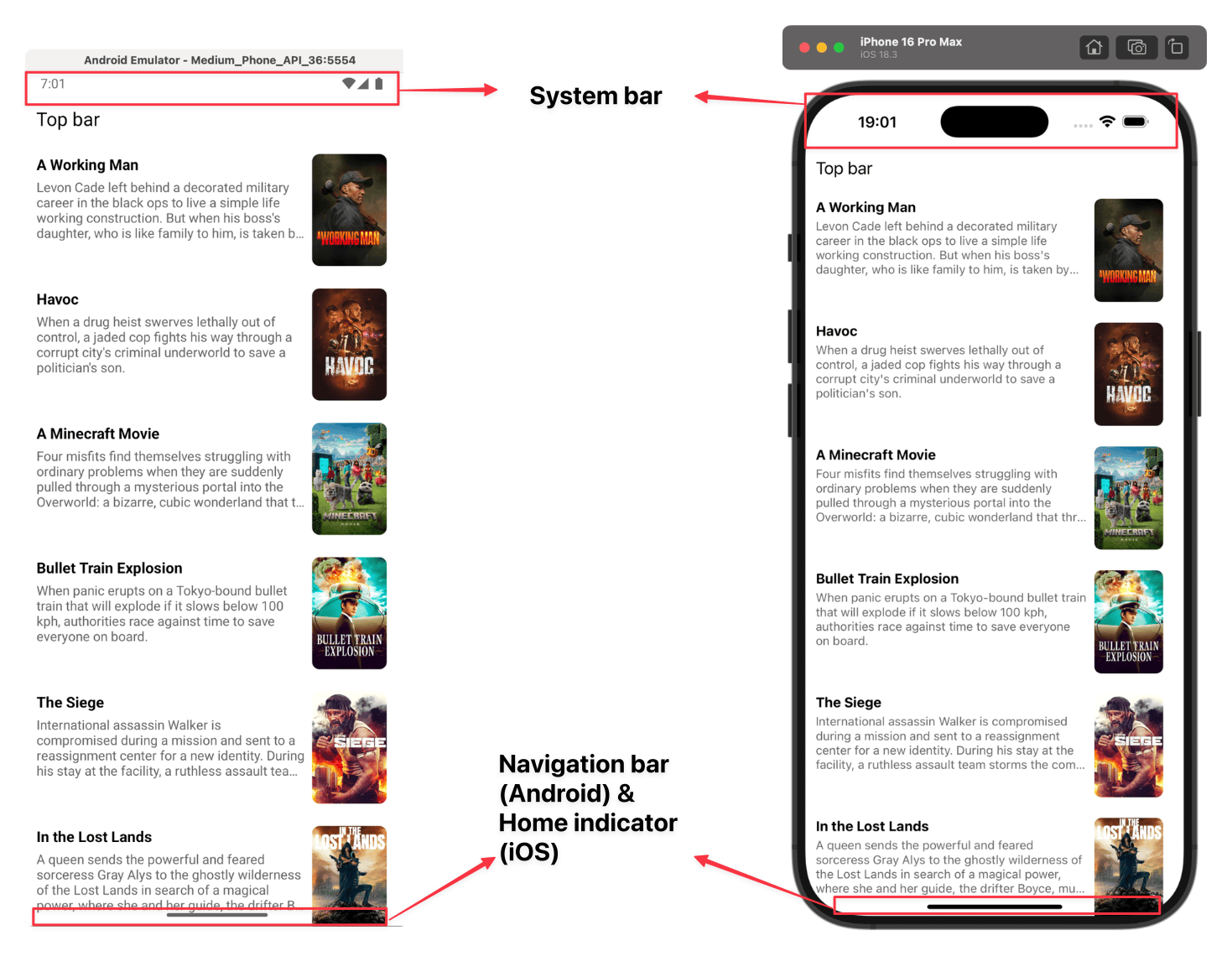 System bars and navigation bars on Android and iOS.