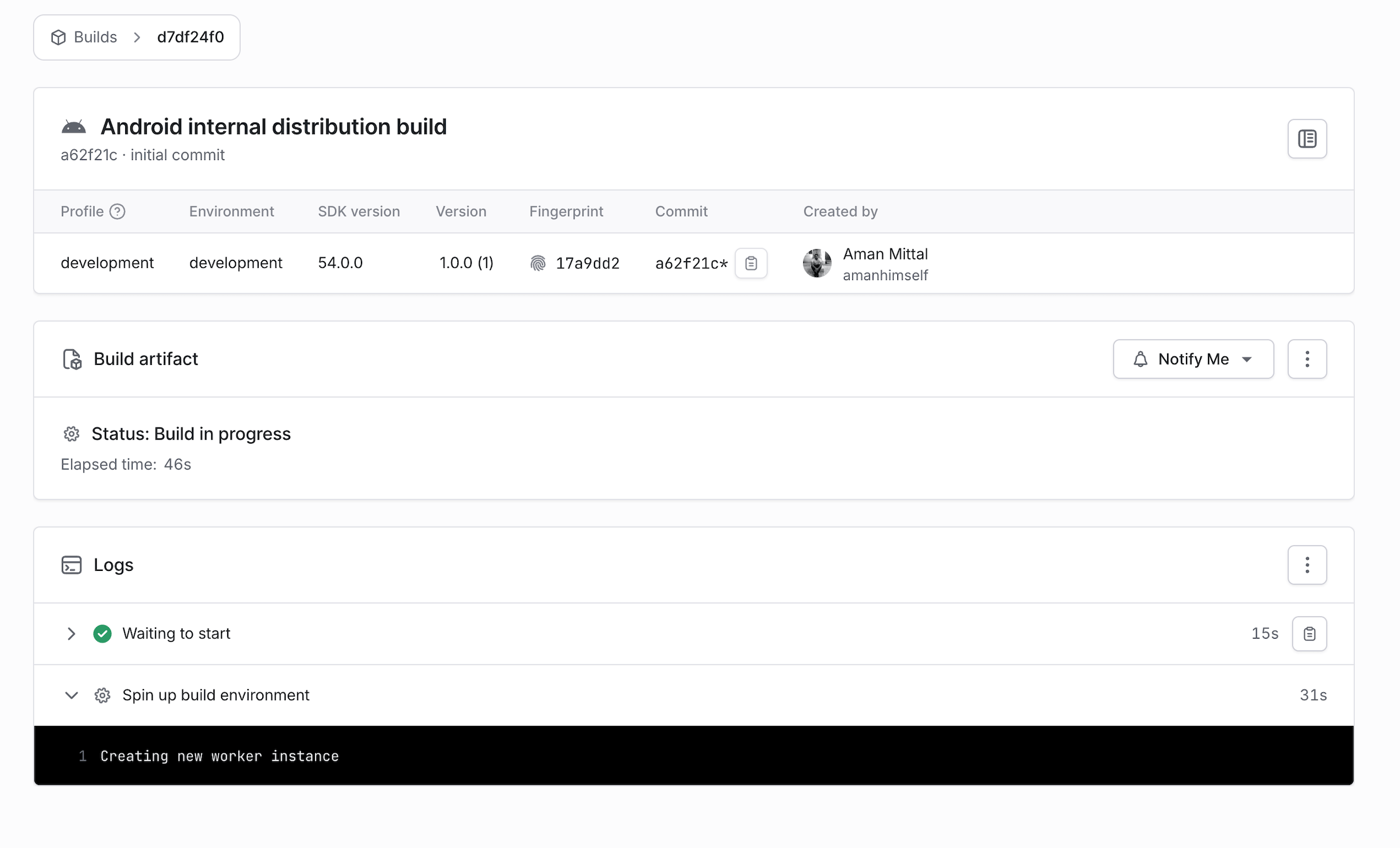 EAS 仪表板中的 Android 开发构建详细信息和进度