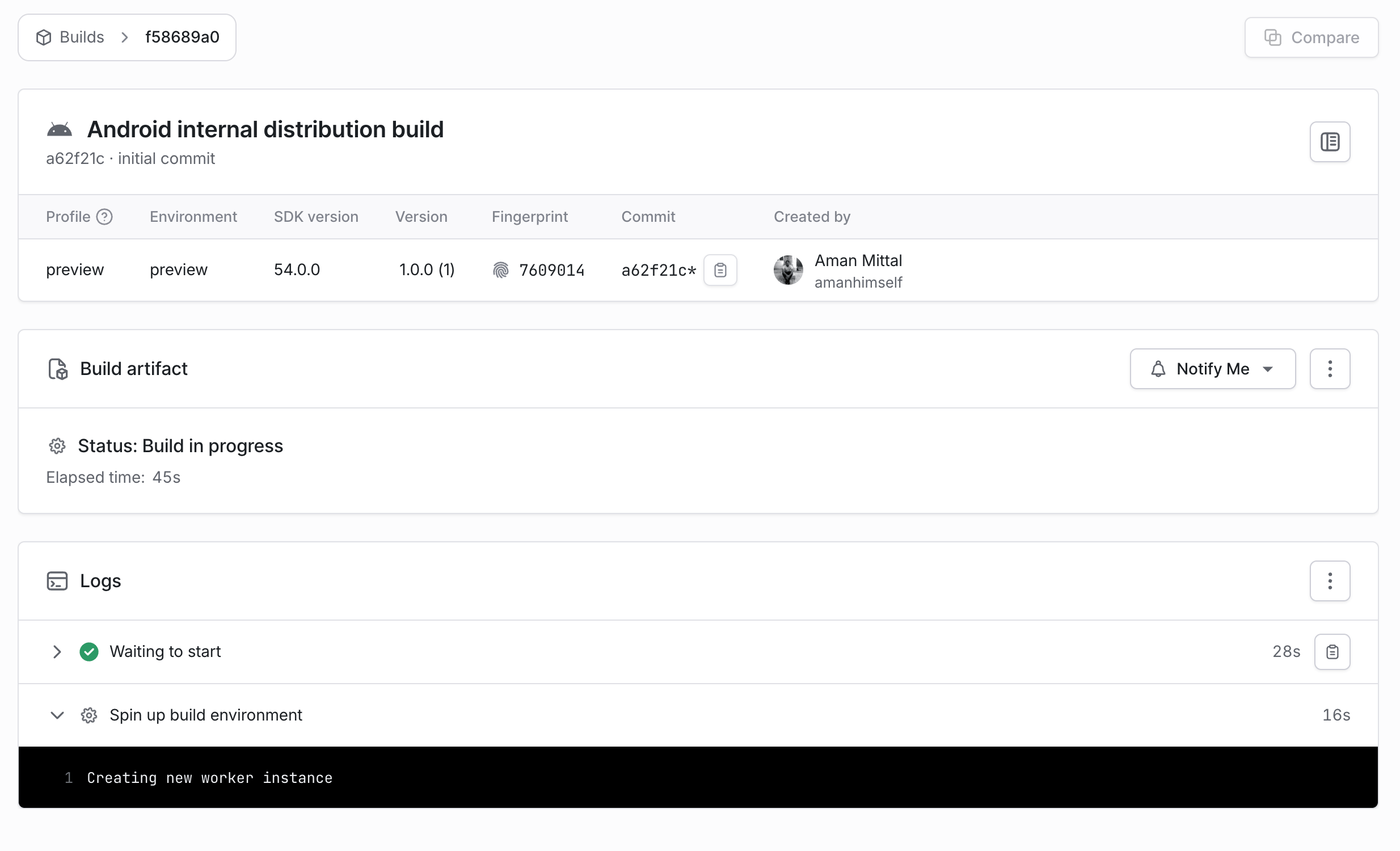 Android 预览构建细节和进度在EAS仪表板上