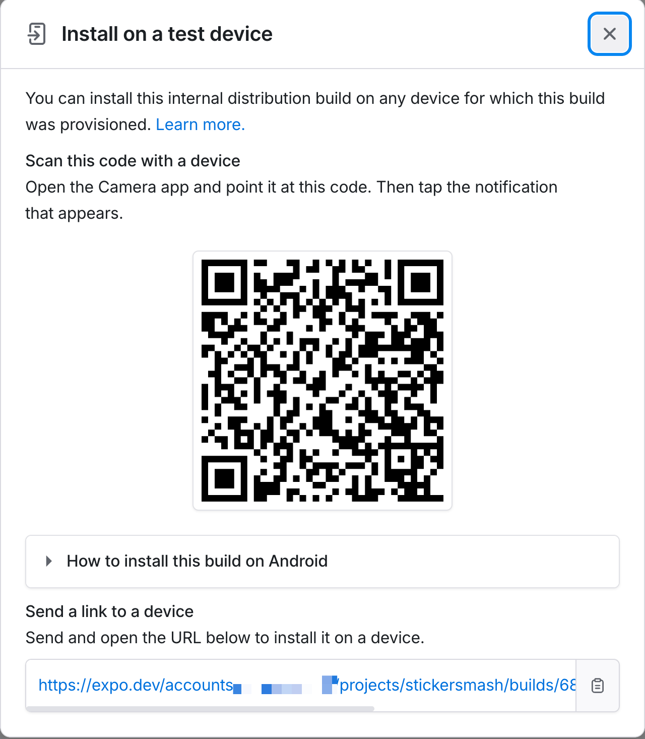 安装按钮生成二维码以便轻松安装在 Android 设备和模拟器上
